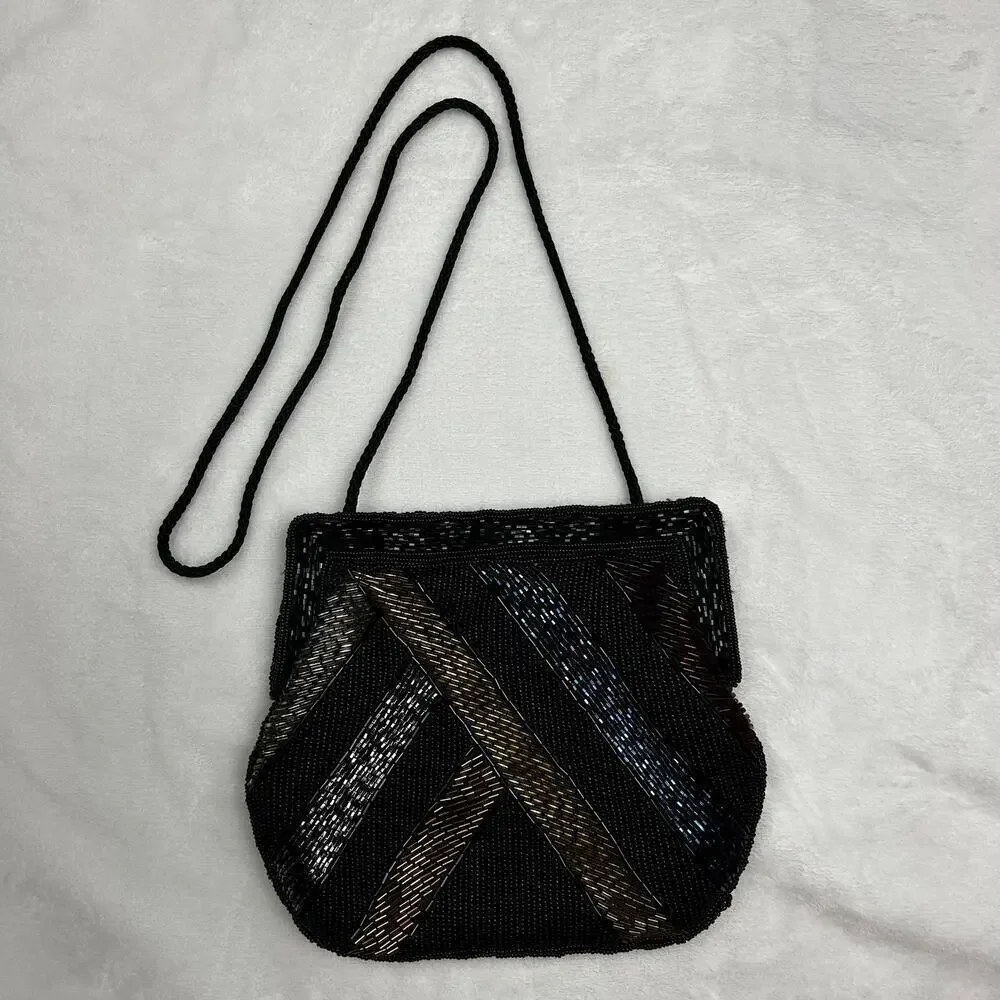 Vintage Beaded Evening Bag Black Rainbow Shoulder Purse Garfinckel's Pocketbook